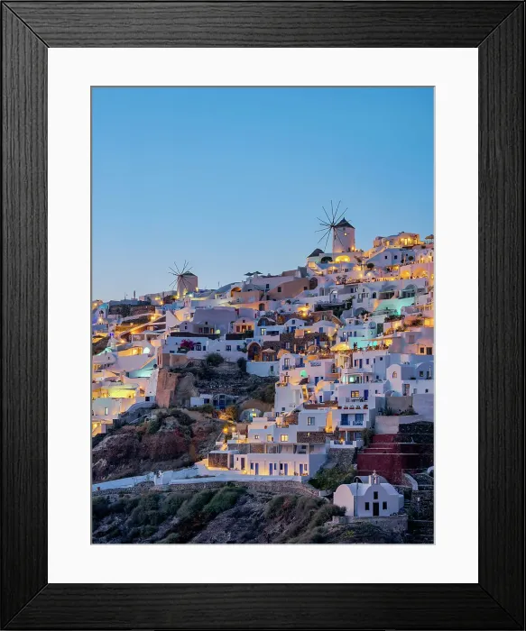 Framed Print : View towards the windmills at dusk, Oia Village, Santorini or Thira Island, Cyclades, Greece Framed Print : View towards the windmills at dusk, Oia Village, Santorini or Thira Island, Cyclades, Greece