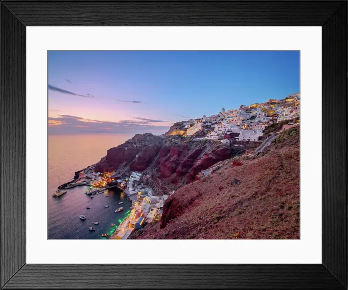 Framed Print : Ammoudi Bay and Oia Village at dusk, Santorini or Thira Island, Cyclades, Greece Framed Print : Ammoudi Bay and Oia Village at dusk, Santorini or Thira Island, Cyclades, Greece