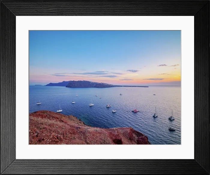 Framed Print : View towards the Thirasia Island at dusk, Santorini or Thira Island, Cyclades, Greece Framed Print : View towards the Thirasia Island at dusk, Santorini or Thira Island, Cyclades, Greece