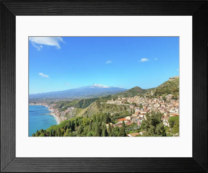 Framed Print : View of the Ionian coast and mount Etna in the distance, Taormina, Sicily, Italy Framed Print : View of the Ionian coast and mount Etna in the distance, Taormina, Sicily, Italy