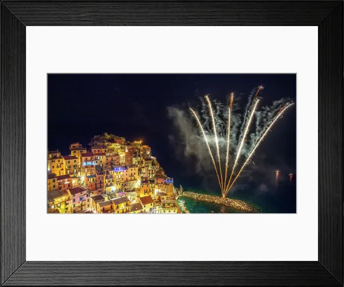 Framed Print : europe, Italy, Liguria, Manarola, Cinque Terre. Fire works on the village's holiday San Lorenzo Framed Print : europe, Italy, Liguria, Manarola, Cinque Terre. Fire works on the village's holiday San Lorenzo