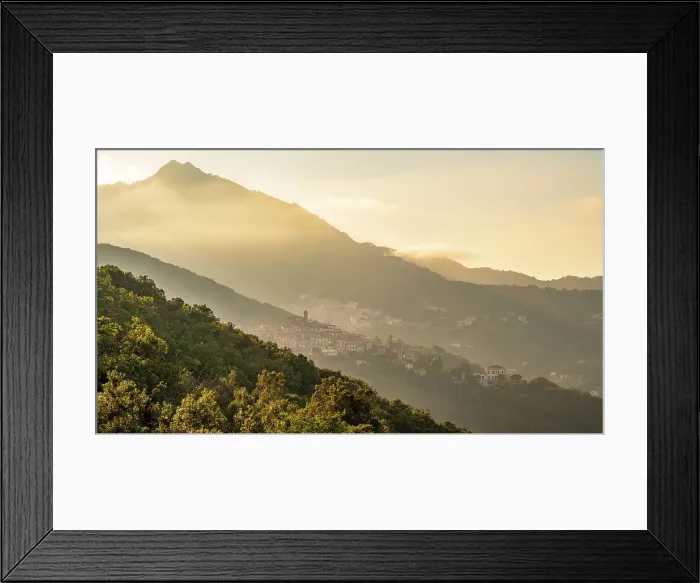 Framed Print : Europe, Italy, Tuscany. Elba Island, Sunset on the Monte Capanne with the villages of Poggio and Marciana