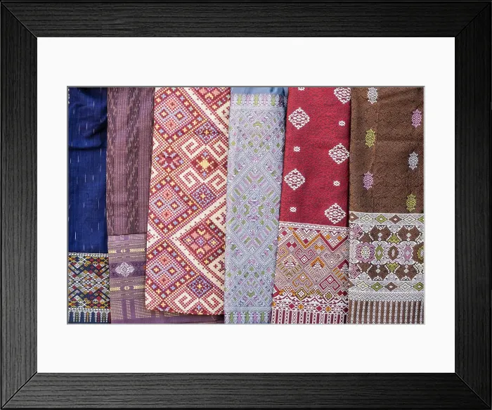 Framed Print : Traditional slik shawls, Pha That Luang, Vientiane (capital city), Laos