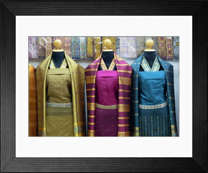 Framed Print : Traditional silk dress and shawl, Vientiane (capital city), Laos Framed Print : Traditional silk dress and shawl, Vientiane (capital city), Laos
