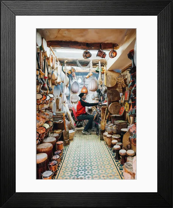 Framed Print : Seller of musical instruments, Marrakech, Morocco