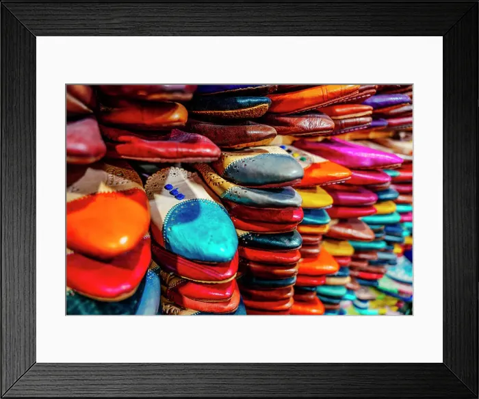 Framed Print : Slippers shoes for sale in the souk of Fez, Morocco; Framed Print : Slippers shoes for sale in the souk of Fez, Morocco;