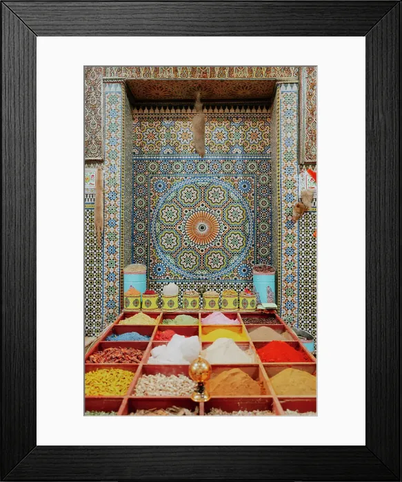 Framed Print : Spices and colorful wall, Fez, Morocco Framed Print : Spices and colorful wall, Fez, Morocco