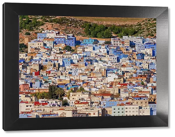 Chefchaouen from above, the Blue City in Morocco, North Africa