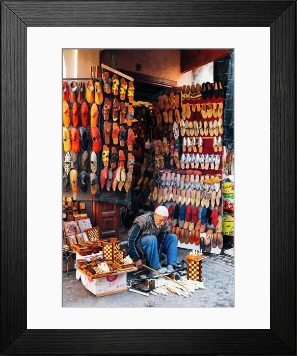 Framed Print : Shoe seller, Souk, Marrakech, Morocco Framed Print : Shoe seller, Souk, Marrakech, Morocco