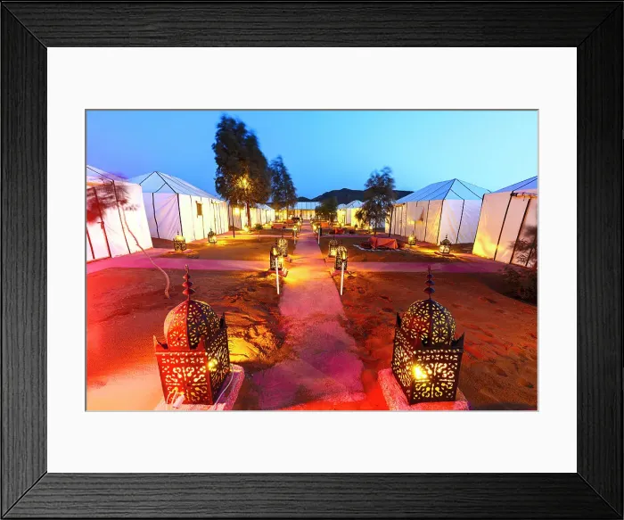 Framed Print : Luxury desert camp for tourists lit by lanterns at dusk, Erg Chebbi, Merzouga, Sahara Desert, Morocco Framed Print : Luxury desert camp for tourists lit by lanterns at dusk, Erg Chebbi, Merzouga, Sahara Desert, Morocco