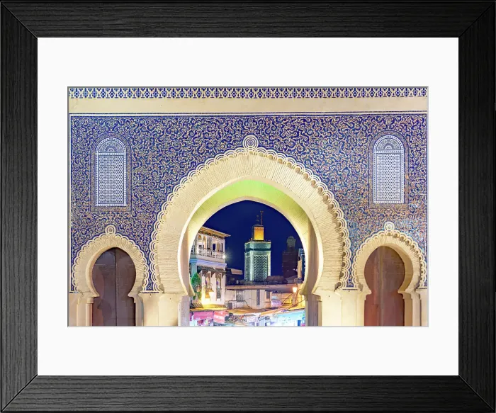 Framed Print : Decorated arch of Bab Bou Jeloud gate with colorful ceramic tiles at the medina of Fes, Morocco Framed Print : Decorated arch of Bab Bou Jeloud gate with colorful ceramic tiles at the medina of Fes, Morocco