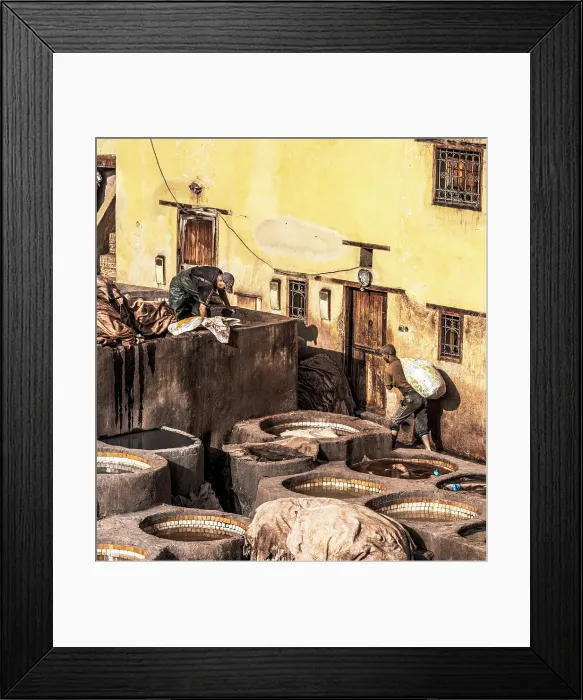 Framed Print : Men working with skins in traditional Moroccan leather tanneries, Fes, Morocco