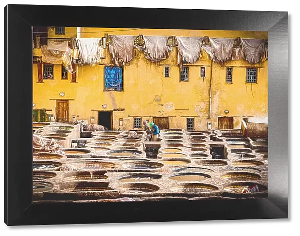 Tanned animal skins hanging to dry in the old tannery of Fez, Morocco