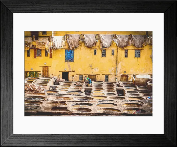 Framed Print : Tanned animal skins hanging to dry in the old tannery of Fez, Morocco Framed Print : Tanned animal skins hanging to dry in the old tannery of Fez, Morocco