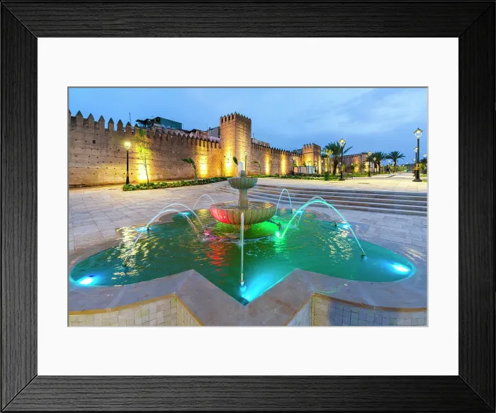 Framed Print : Arabic marble fountain nearby the illuminated surrounding walls of medina, Fes, Morocco Framed Print : Arabic marble fountain nearby the illuminated surrounding walls of medina, Fes, Morocco