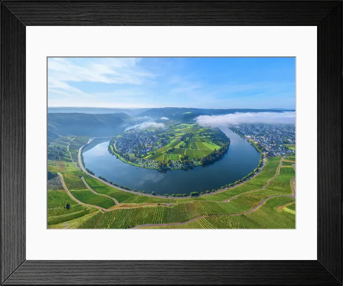 Framed Print : Aerial view at Moselle horseshoe bend at Kroev with morning fog, Mosel valley, Rhineland-Palatinate, Germany Framed Print : Aerial view at Moselle horseshoe bend at Kroev with morning fog, Mosel valley, Rhineland-Palatinate, Germany