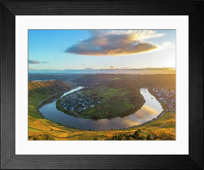 Framed Print : Aerial view at Moselle horseshoe bend at Kroev at sunset, Mo0sel valley, Rhineland-Palatinate, Germany Framed Print : Aerial view at Moselle horseshoe bend at Kroev at sunset, Mo0sel valley, Rhineland-Palatinate, Germany