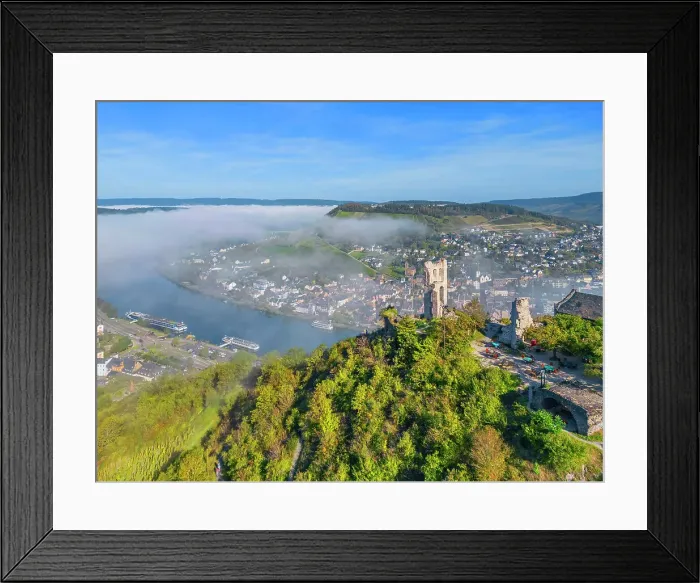 Framed Print : Aerial view at Grevenburg castle ruin with morning fog, Traben-Trarbach, Moselle valley, Rhineland-Palatinate, Germany Framed Print : Aerial view at Grevenburg castle ruin with morning fog, Traben-Trarbach, Moselle valley, Rhineland-Palatinate, Germany