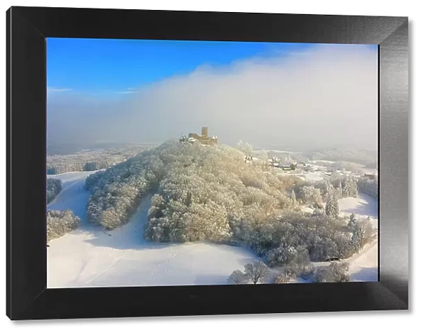 Aerial view at Nuerburg castle in winter, Nuerburg, Eifel, Rhineland-Palatinate, Germany