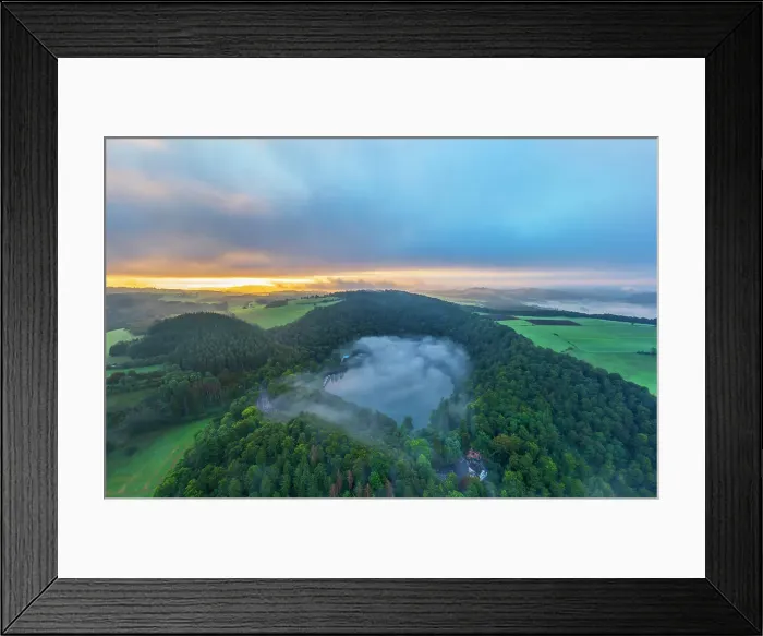 Framed Print : Aerail view at Gemuendener Maar at sunrise, Eifel, Rhineland-Palatinate, Germany Framed Print : Aerail view at Gemuendener Maar at sunrise, Eifel, Rhineland-Palatinate, Germany