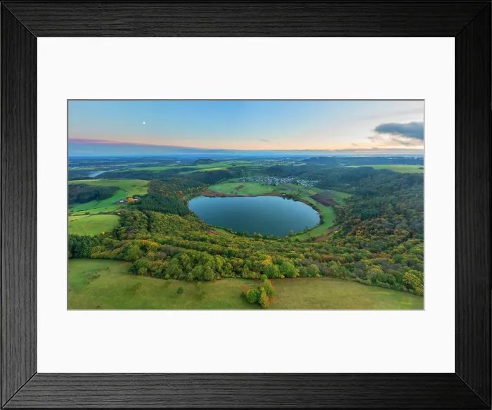 Framed Print : Aerail view at Meerfelder Maar at sunset, Eifel, Rhineland-Palatinate, Germany Framed Print : Aerail view at Meerfelder Maar at sunset, Eifel, Rhineland-Palatinate, Germany