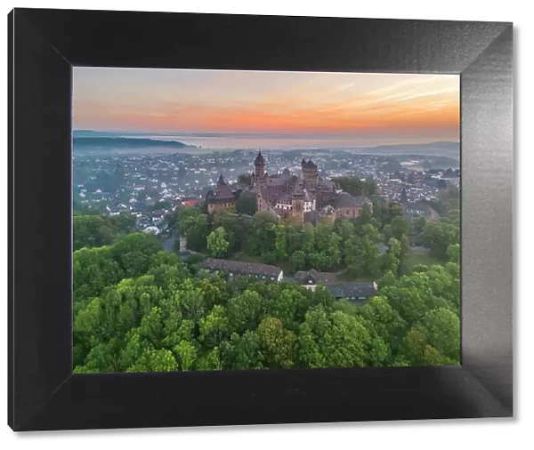 Aerial view at Braunfels castle at sunrise, Lahn, Lahn valley, Westerwald, Hesse, Germany
