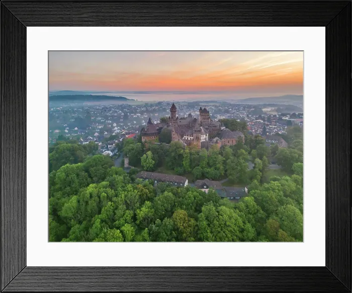 Framed Print : Aerial view at Braunfels castle at sunrise, Lahn, Lahn valley, Westerwald, Hesse, Germany Framed Print : Aerial view at Braunfels castle at sunrise, Lahn, Lahn valley, Westerwald, Hesse, Germany