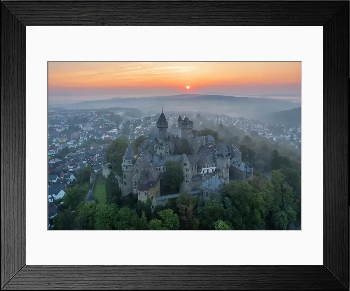 Framed Print : Aerial view at Braunfels castle at sunrise, Lahn, Lahn valley, Westerwald, Hesse, Germany
