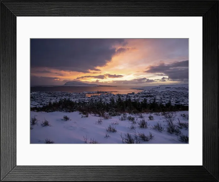 Framed Print : A beautiful view of Torshavn covered by snow at sunrise. In the background the island of Nolsoy. Island of Streymoy. Faroe Islands Framed Print : A beautiful view of Torshavn covered by snow at sunrise. In the background the island of Nolsoy. Island of Streymoy. Faroe Islands