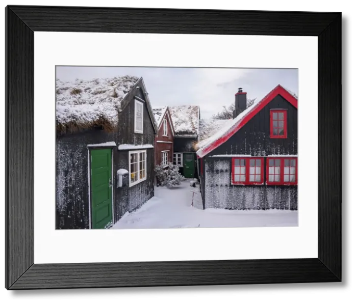Framed Print : The historic area Reyn in Torshavn covered by snow. Island of Streymoy. Faroe Islands