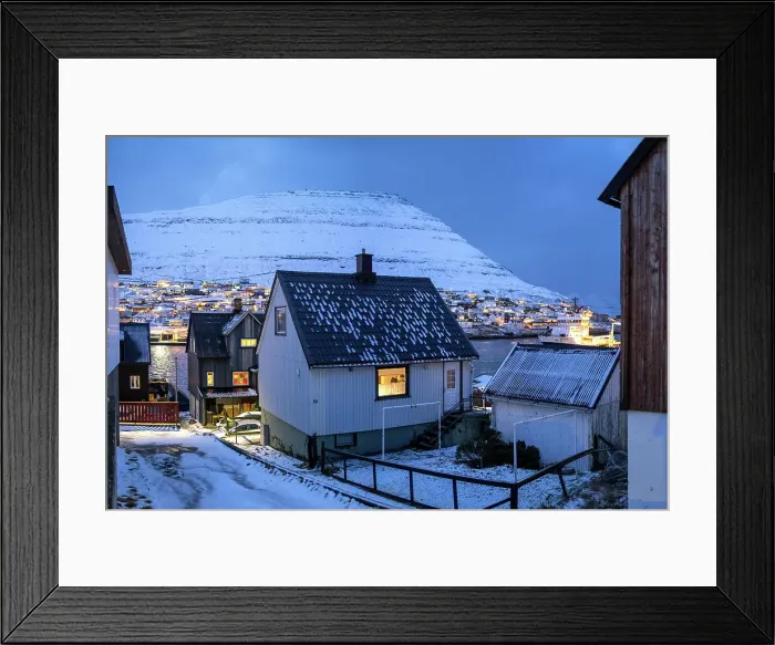 Framed Print : The city of Klaksvik covered by snow. Islands of Borðoy. Faroe Islands Framed Print : The city of Klaksvik covered by snow. Islands of Borðoy. Faroe Islands