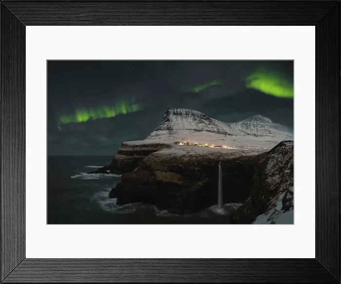 Framed Print : Norther lights dancing above the village of Gasadalur. Island of Vagar. Faroe Islands Framed Print : Norther lights dancing above the village of Gasadalur. Island of Vagar. Faroe Islands
