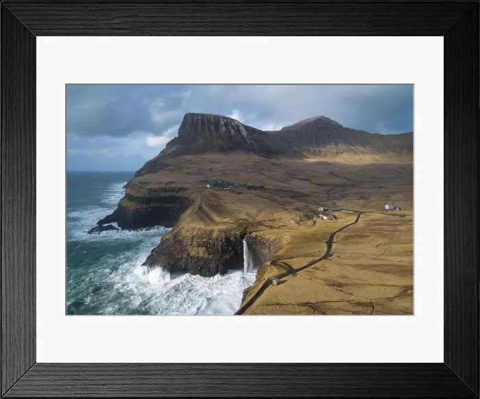 Framed Print : The village of Gasadalur. Island of Vagar. Faroe Islands Framed Print : The village of Gasadalur. Island of Vagar. Faroe Islands