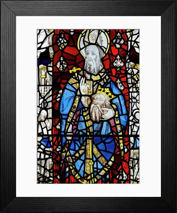 Framed Print : UK, England, English; British; York, York Minster, medieval stained glass; 15th century window; Seventh Century abbot of Lindisfarne St. Cuthbert carrying head of St. Oswald Framed Print : UK, England, English; British; York, York Minster, medieval stained glass; 15th century window; Seventh Century abbot of Lindisfarne St. Cuthbert carrying head of St. Oswald
