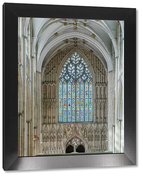 UK, England, York, York Minster, interior; Great West Window (aka Heart of Yorkshire; Richard Ketelbarn c. 1390; decorated gothic style; vaulting & tracery)