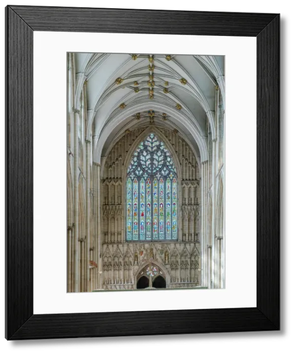 Framed Print : UK, England, York, York Minster, interior; Great West Window (aka Heart of Yorkshire; Richard Ketelbarn c. 1390; decorated gothic style; vaulting & tracery)