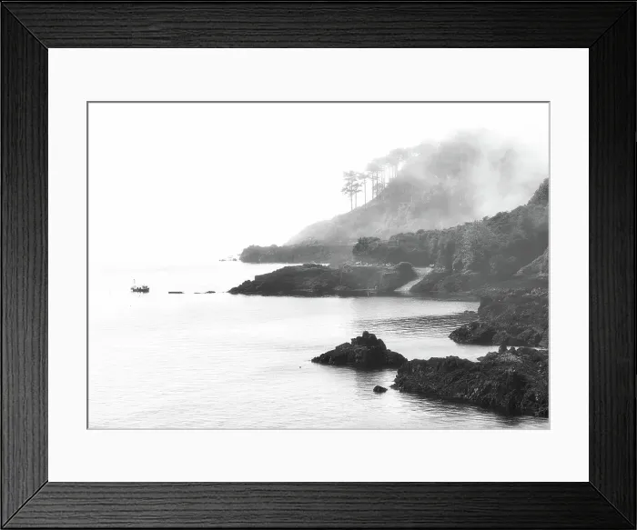 Framed Print : Views from the Fermain Bay in the morning fog, Guernsey, Channel Islands Framed Print : Views from the Fermain Bay in the morning fog, Guernsey, Channel Islands