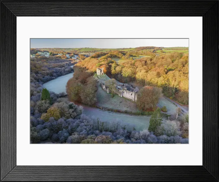 Framed Print : Aerial view of Okehampton Castle on a frosty autumnal morning, Okehampton, Devon, England. Autumn (November) 2021 Framed Print : Aerial view of Okehampton Castle on a frosty autumnal morning, Okehampton, Devon, England. Autumn (November) 2021
