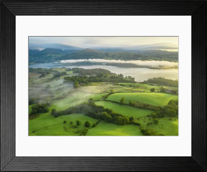 Framed Print : Aerial view of rolling countryside near High Wray, with Lake Windermere in the distance, Lake District National Park, Cumbria, England. Autumn (September) 2022 Framed Print : Aerial view of rolling countryside near High Wray, with Lake Windermere in the distance, Lake District National Park, Cumbria, England. Autumn (September) 2022