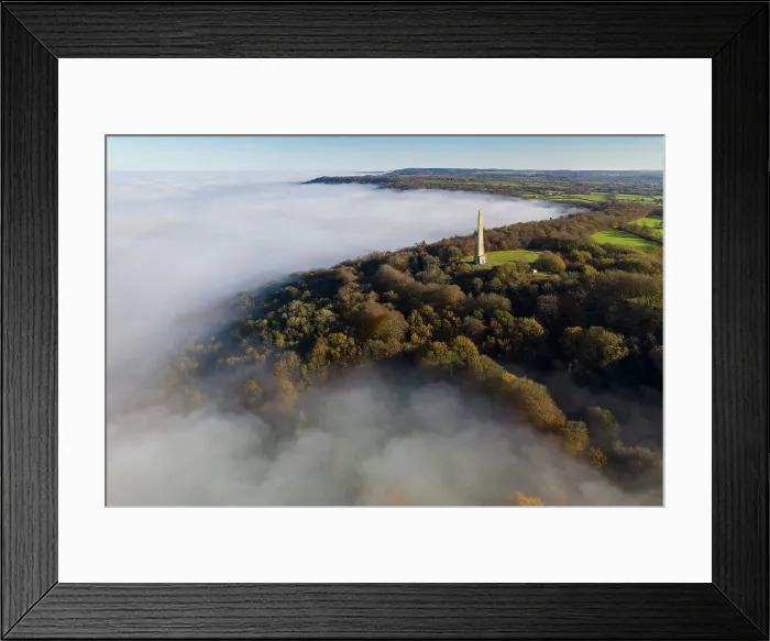 Framed Print : Aerial view of the Wellington Monument on a misty morning, Wellington, Somerset, England. Winter (December) 2022