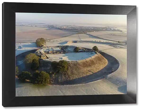 Aerial view of Old Sarum on a frosty morning, Wiltshire, England. Winter (February) 2023