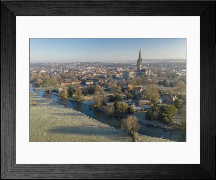 Framed Print : Aerial view of Salisbury city and cathedral from Harnham Water Meadows, Wiltshire, England. Winter (February) 2023 Framed Print : Aerial view of Salisbury city and cathedral from Harnham Water Meadows, Wiltshire, England. Winter (February) 2023
