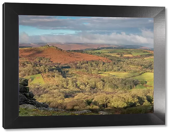 Majestic rugged moorland and countryside from Smallacombe Rocks in Dartmoor National Park, Devon, England