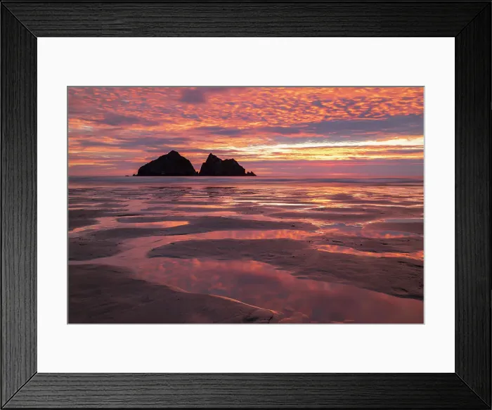 Framed Print : Fiery sunset sky above Holywell Bay on the North Cornwall Coast, England. Summer (July) 2018