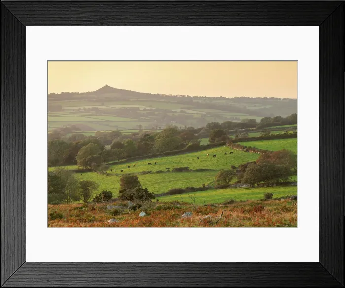 Framed Print : Rolling countryside view towards Brentor Church, Dartmoor National Park, Devon, England. Autumn (September) 2019