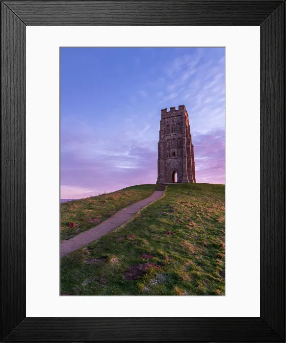 Framed Print : Winter sunrise at St Michael's Tower on Glastonbury Tor, Somerset, England. Winter (December) 2019