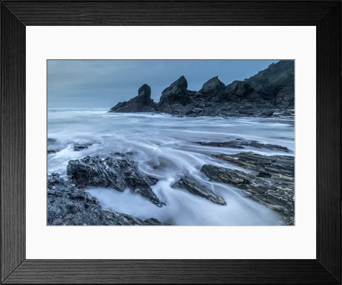 Framed Print : Stormy evening on the dramatic shores of Soar Mill Cove in the South Hams, Devon, England. Winter (December) 2019 Framed Print : Stormy evening on the dramatic shores of Soar Mill Cove in the South Hams, Devon, England. Winter (December) 2019