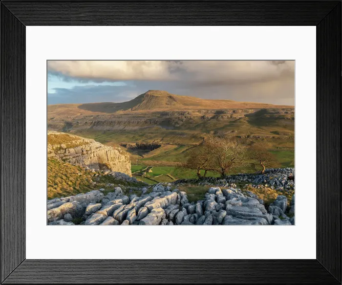 Framed Print : Evening light on Ingleborough mountain from the limestone ledges of Twisleton Scar End, Yorkshire Dales National Park, Yorkshire, England. Autumn (November) 2022