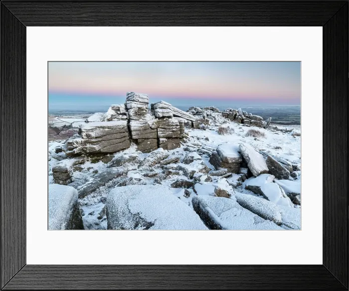 Framed Print : Snow and ice covered moorland at dawn on Belstone Tor in Dartmoor National Park, Devon, England. Winter (December) 2022 Framed Print : Snow and ice covered moorland at dawn on Belstone Tor in Dartmoor National Park, Devon, England. Winter (December) 2022