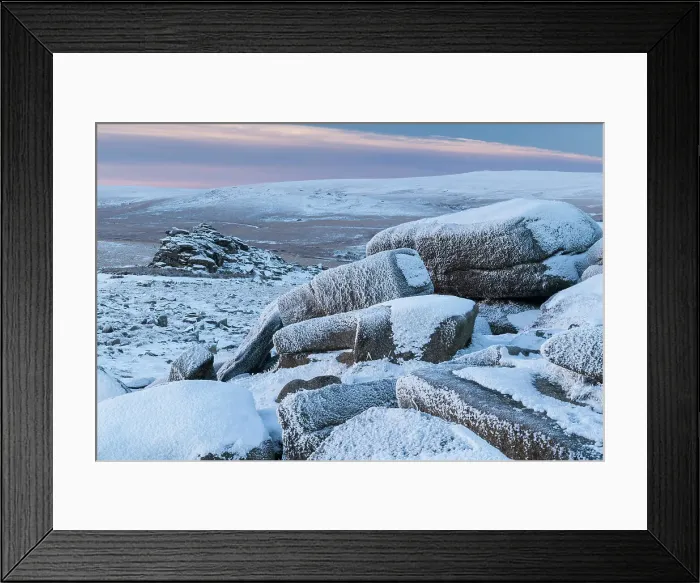 Framed Print : Snow covered granite outcrops at Belstone Tor in Dartmoor National Park, Devon, England. Winter (December) 2022 Framed Print : Snow covered granite outcrops at Belstone Tor in Dartmoor National Park, Devon, England. Winter (December) 2022
